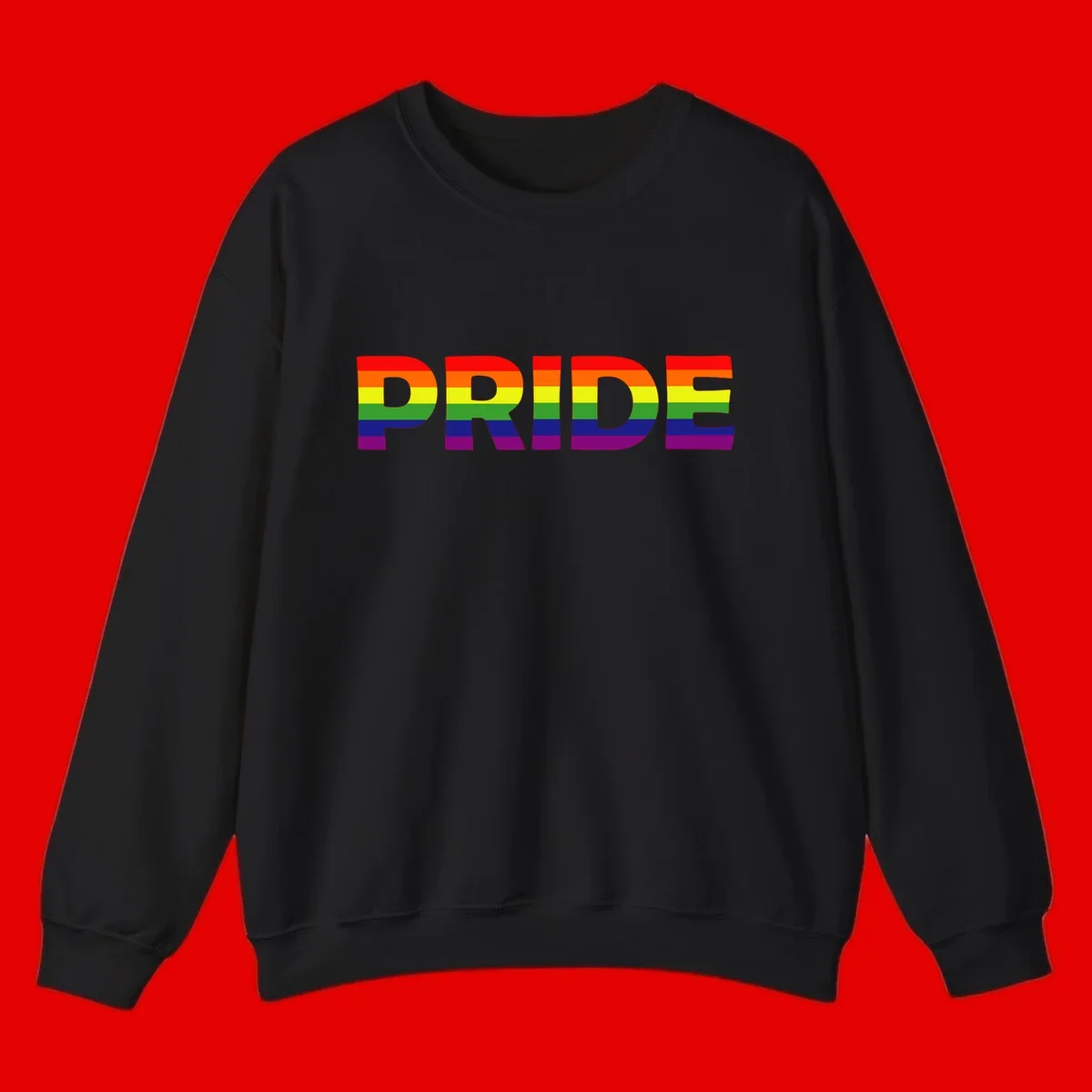The word PRIDE in large letters filled with rainbow pride flag stripes on gray background
