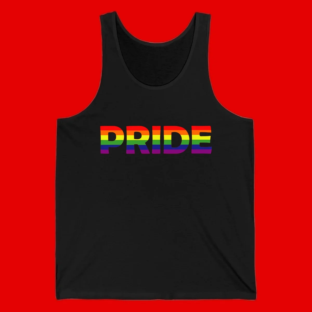 The word PRIDE in large letters filled with rainbow pride flag stripes on gray background