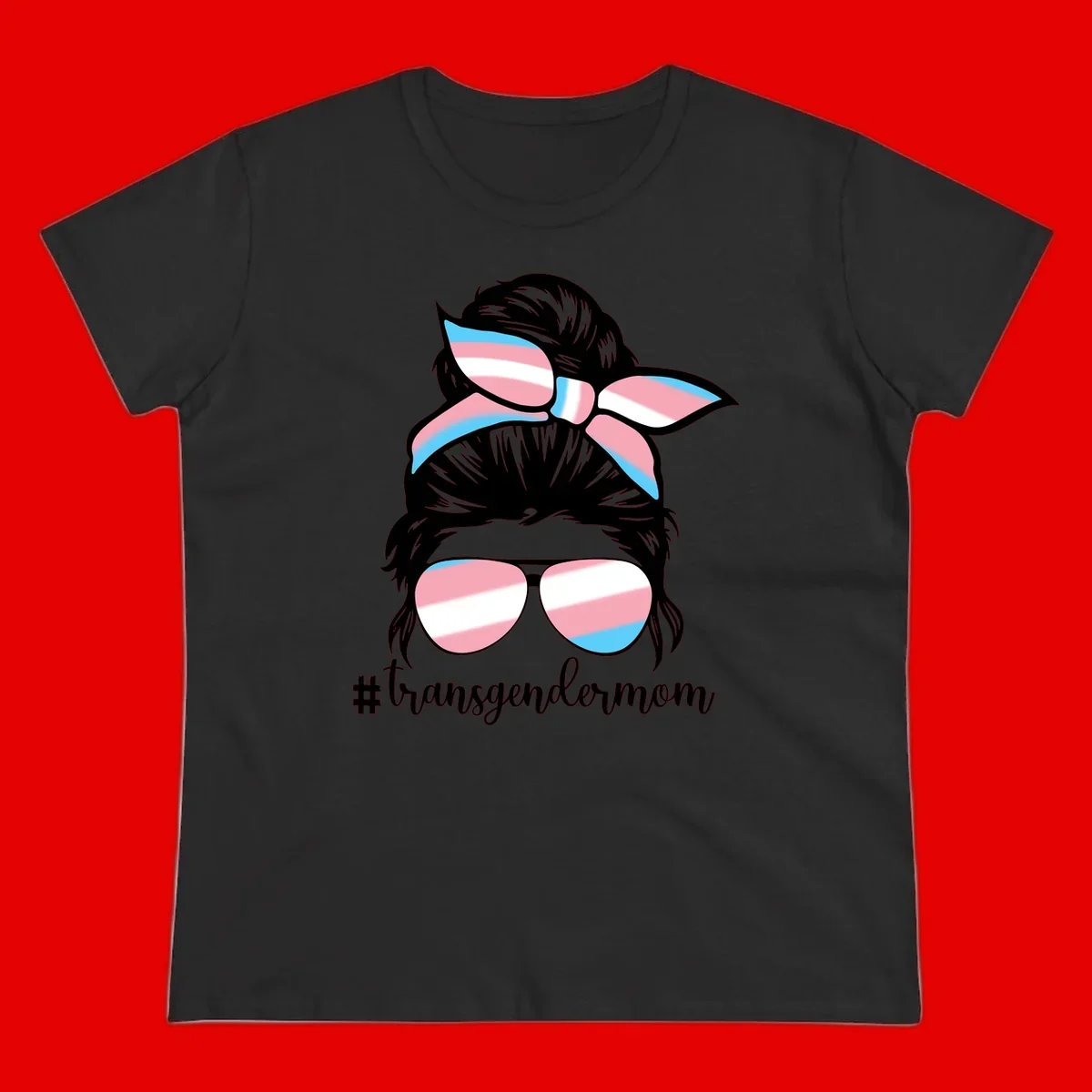 Stylized portrait with black hair, cat-eye sunglasses and bow in transgender flag colors, #transgendermom text below