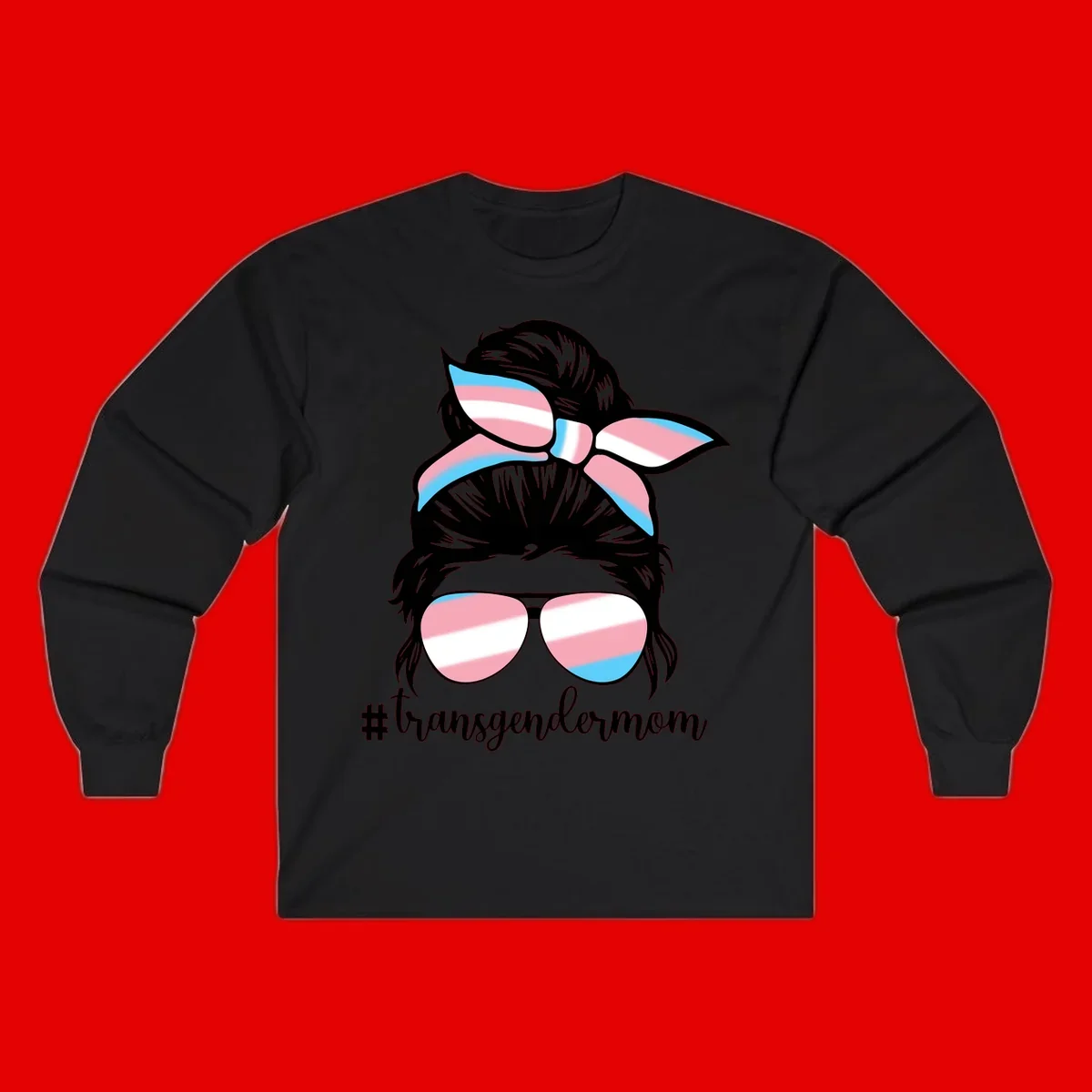 Stylized portrait with black hair, cat-eye sunglasses and bow in transgender flag colors, #transgendermom text below