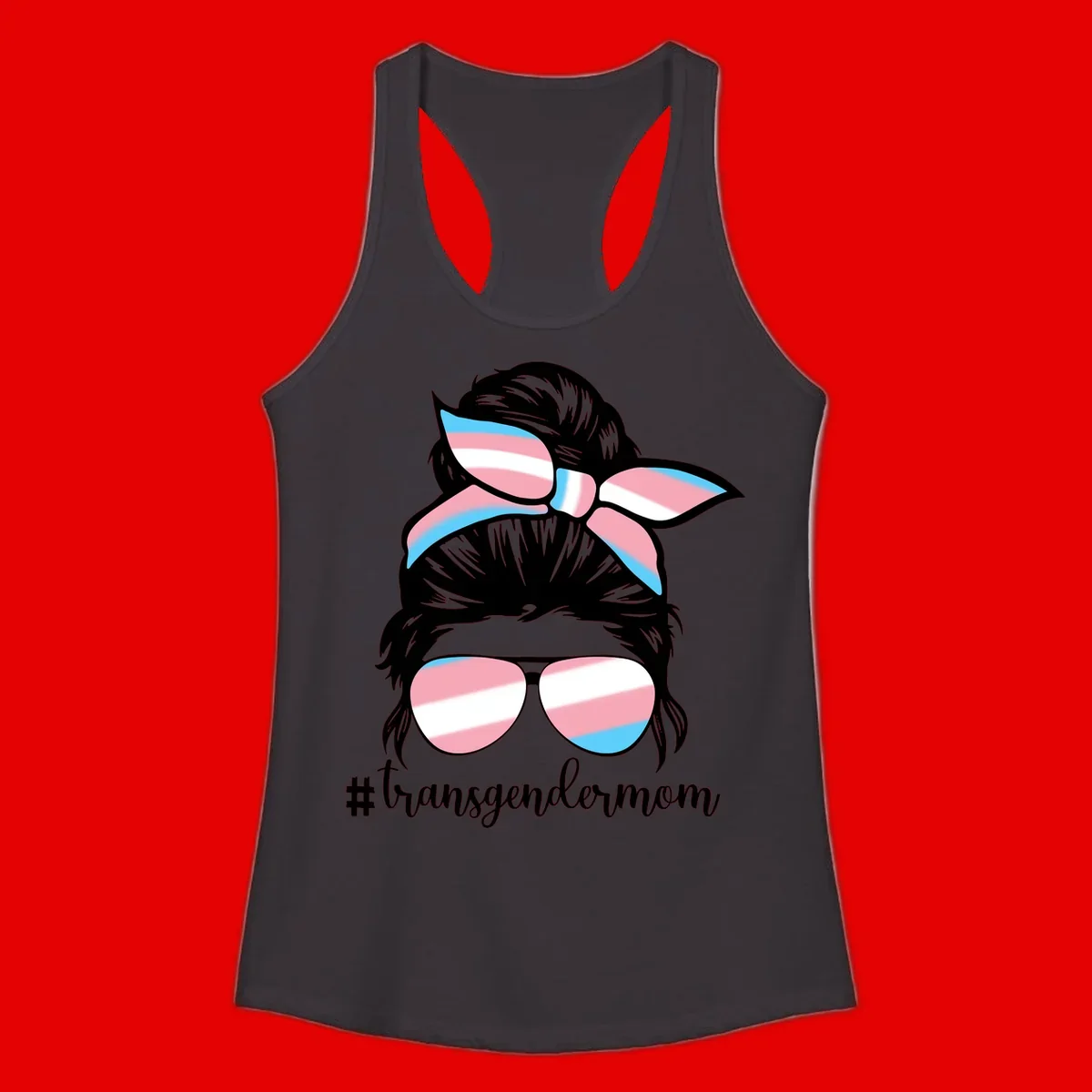 Stylized portrait with black hair, cat-eye sunglasses and bow in transgender flag colors, #transgendermom text below