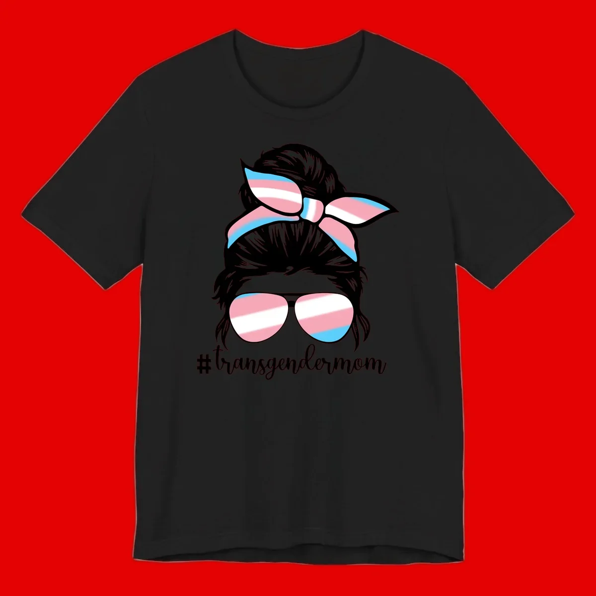 Stylized portrait with black hair, cat-eye sunglasses and bow in transgender flag colors, #transgendermom text below