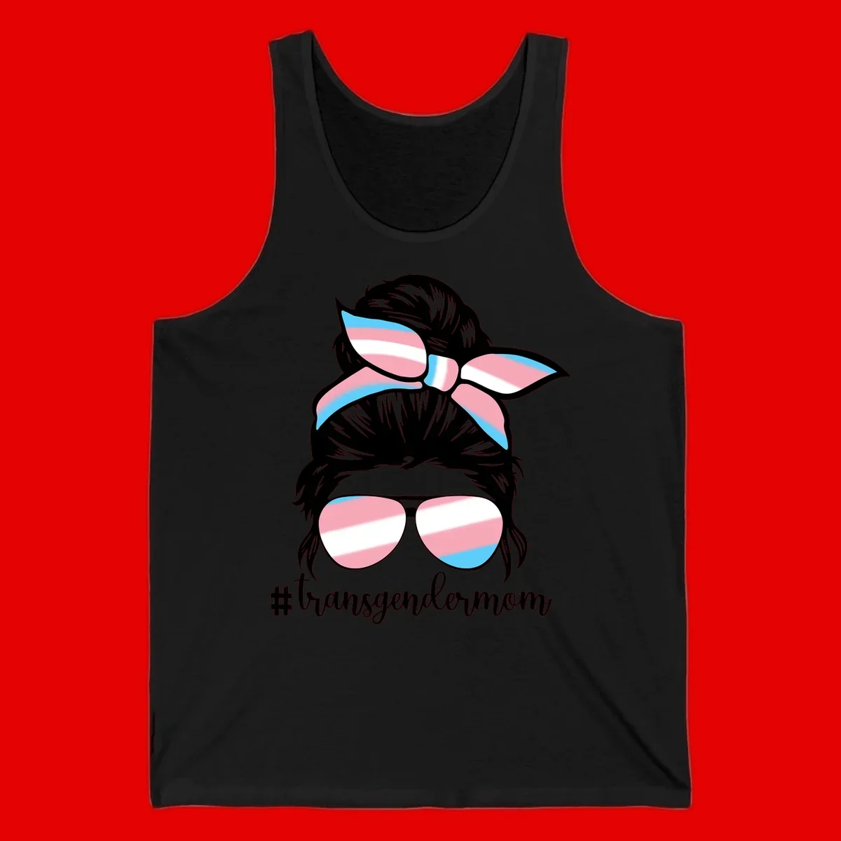 Stylized portrait with black hair, cat-eye sunglasses and bow in transgender flag colors, #transgendermom text below
