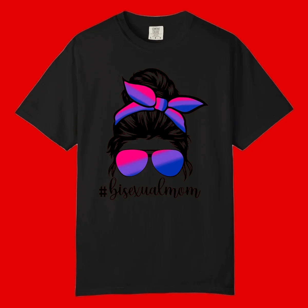 Bisexual mom pride illustration featuring a silhouette with cat ears, bow, and aviator sunglasses in pink, purple, and blue colors with #bisexualmom text