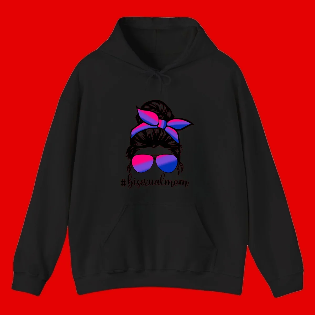 Bisexual mom pride illustration featuring a silhouette with cat ears, bow, and aviator sunglasses in pink, purple, and blue colors with #bisexualmom text