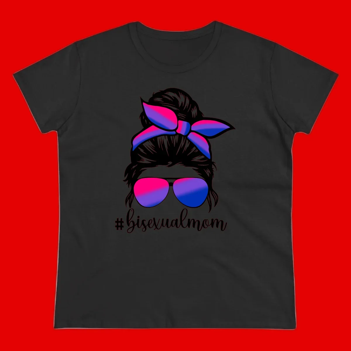 Bisexual mom pride illustration featuring a silhouette with cat ears, bow, and aviator sunglasses in pink, purple, and blue colors with #bisexualmom text