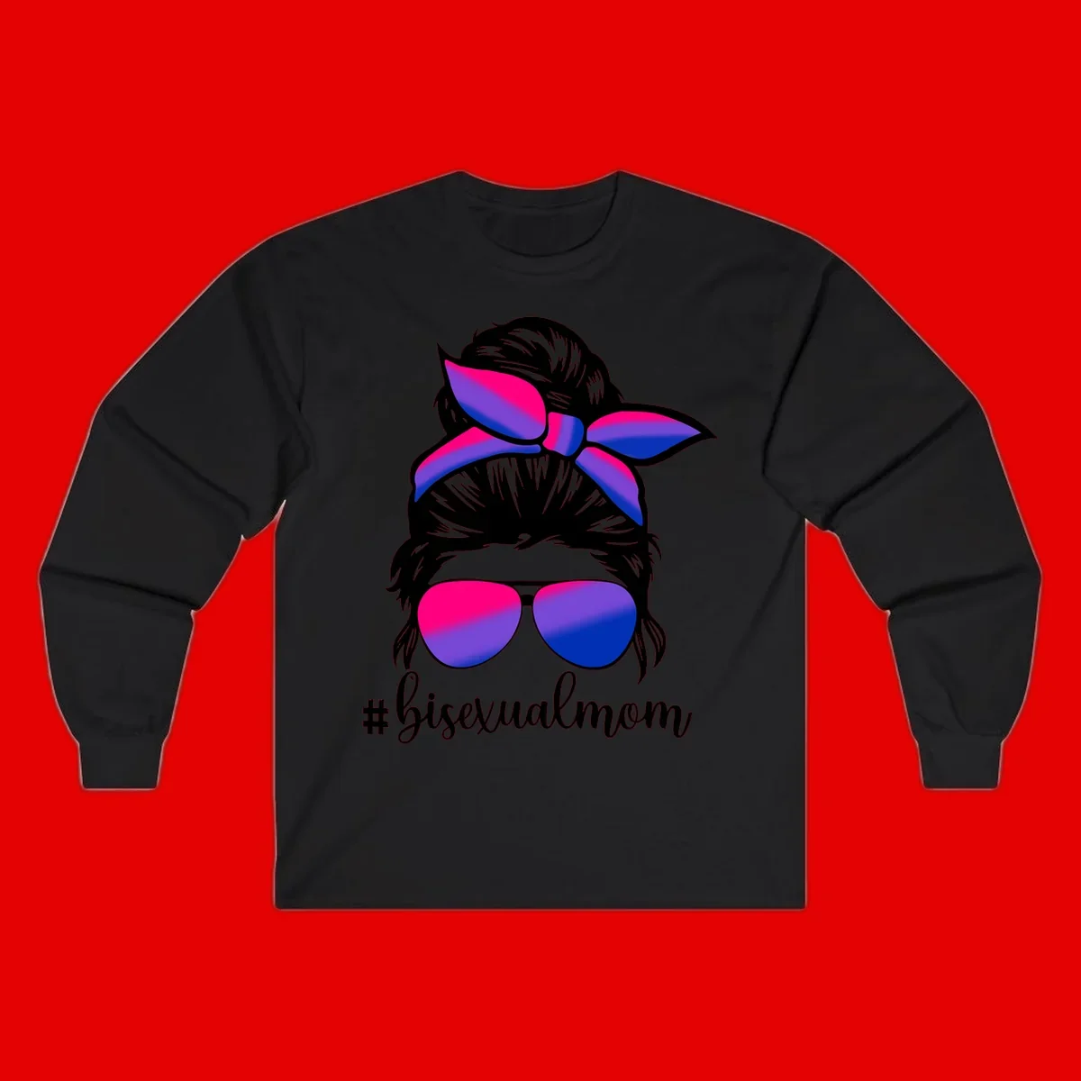 Bisexual mom pride illustration featuring a silhouette with cat ears, bow, and aviator sunglasses in pink, purple, and blue colors with #bisexualmom text
