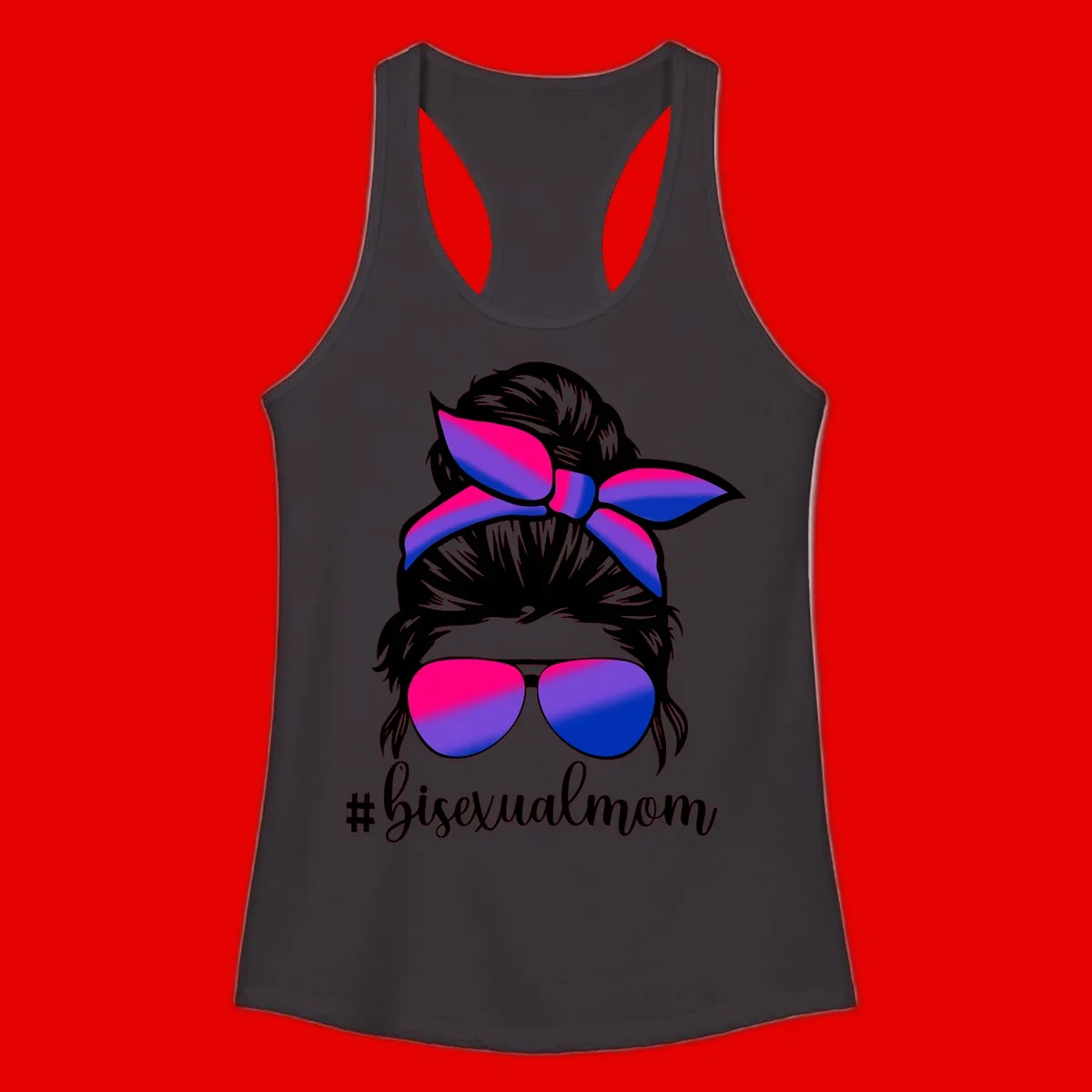 Bisexual mom pride illustration featuring a silhouette with cat ears, bow, and aviator sunglasses in pink, purple, and blue colors with #bisexualmom text