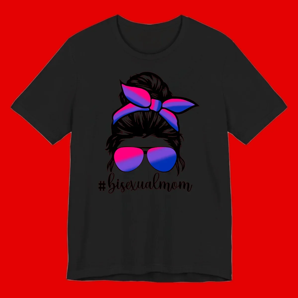 Bisexual mom pride illustration featuring a silhouette with cat ears, bow, and aviator sunglasses in pink, purple, and blue colors with #bisexualmom text