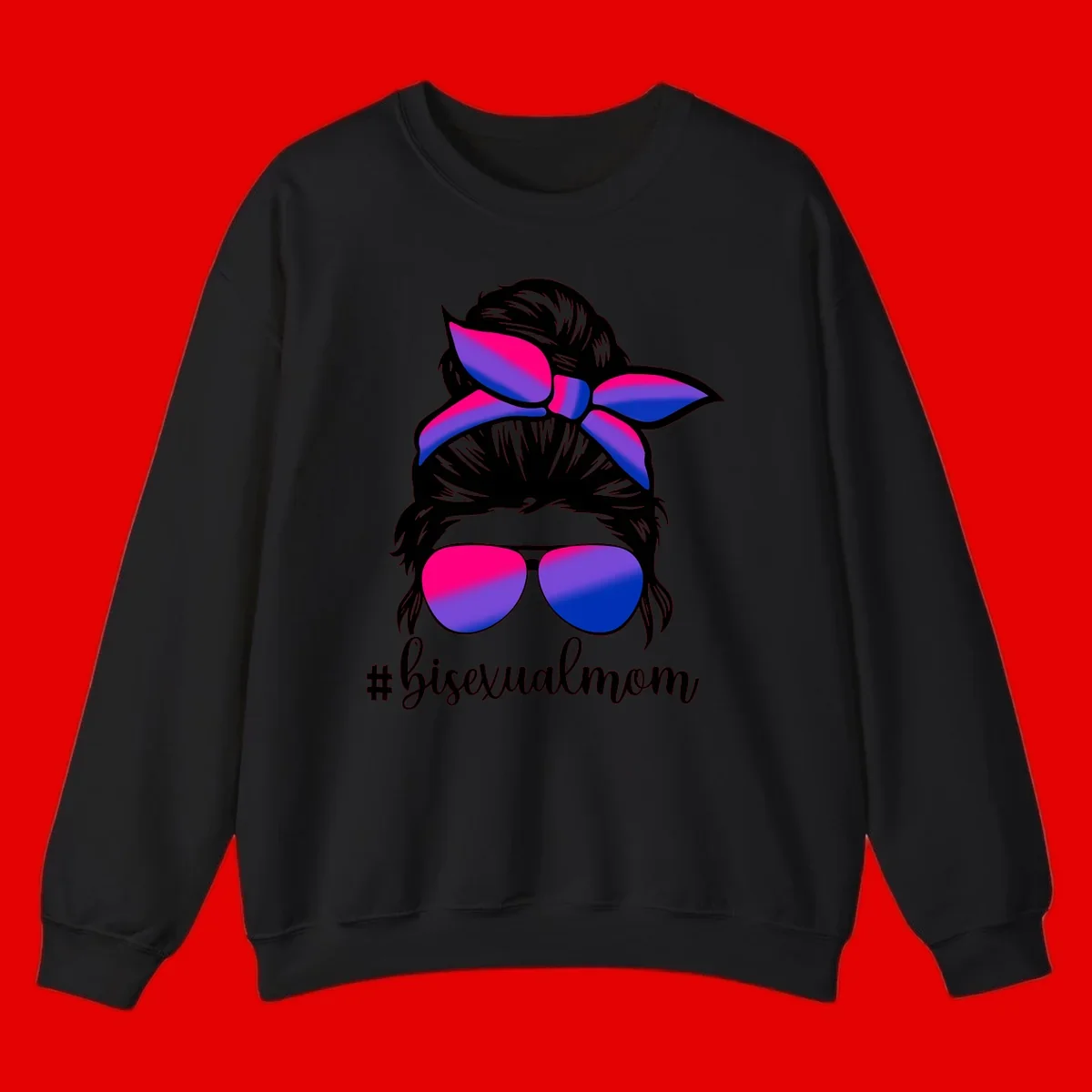 Bisexual mom pride illustration featuring a silhouette with cat ears, bow, and aviator sunglasses in pink, purple, and blue colors with #bisexualmom text