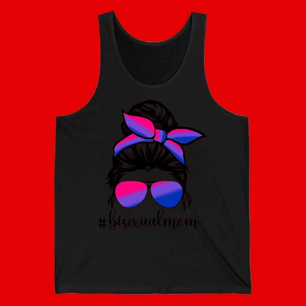 Bisexual mom pride illustration featuring a silhouette with cat ears, bow, and aviator sunglasses in pink, purple, and blue colors with #bisexualmom text