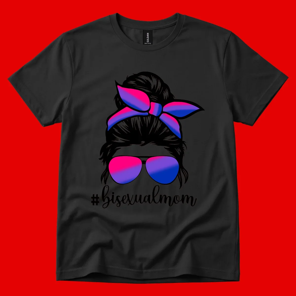 Bisexual mom pride illustration featuring a silhouette with cat ears, bow, and aviator sunglasses in pink, purple, and blue colors with #bisexualmom text