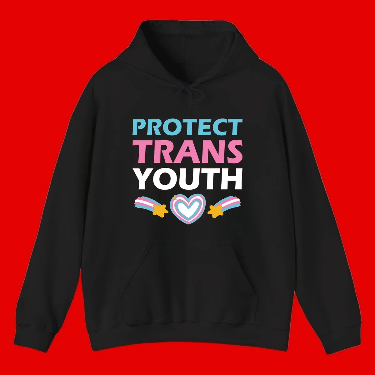 Protect trans youth design with cyan, pink, and white text, rainbow heart, and gold stars on gray background
