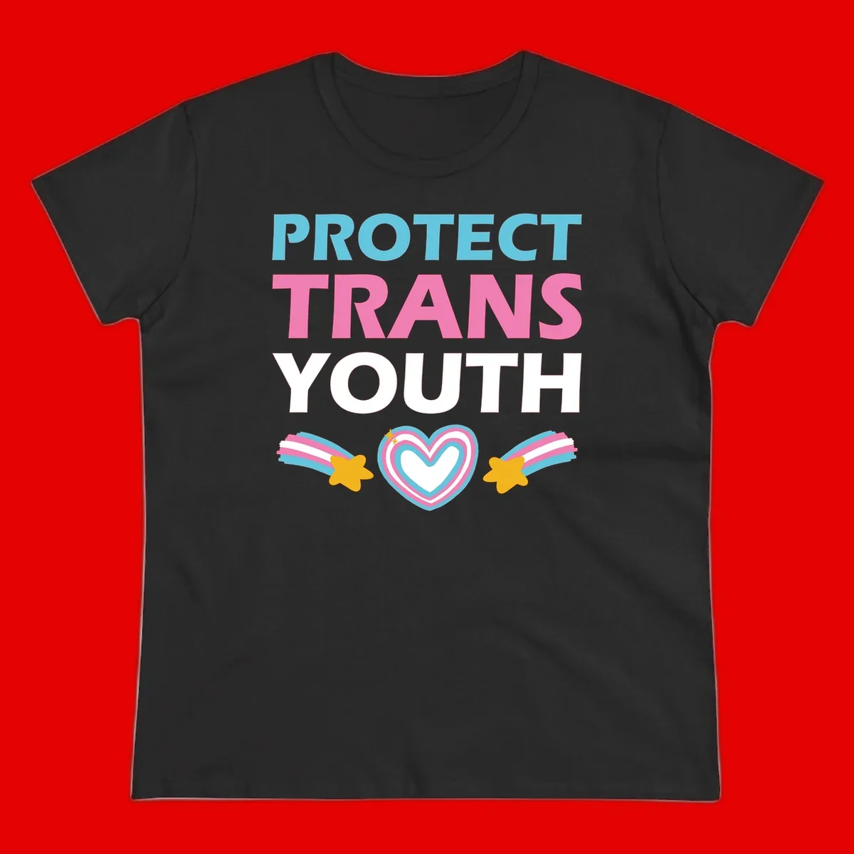 Protect trans youth design with cyan, pink, and white text, rainbow heart, and gold stars on gray background