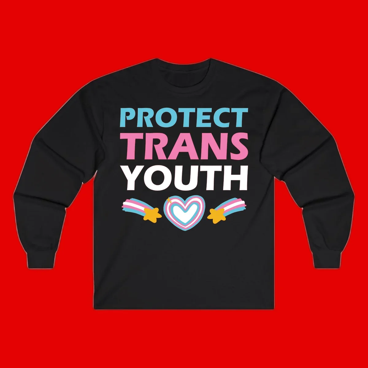 Protect trans youth design with cyan, pink, and white text, rainbow heart, and gold stars on gray background