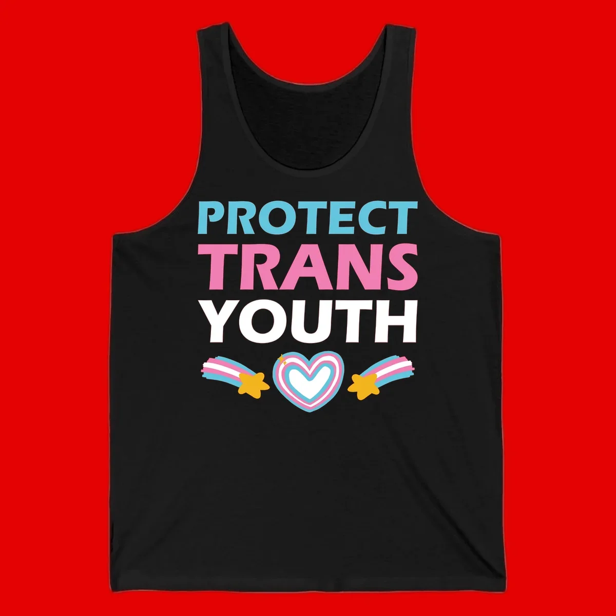 Protect trans youth design with cyan, pink, and white text, rainbow heart, and gold stars on gray background