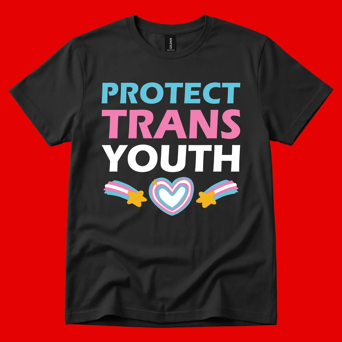 Protect trans youth design with cyan, pink, and white text, rainbow heart, and gold stars on gray background