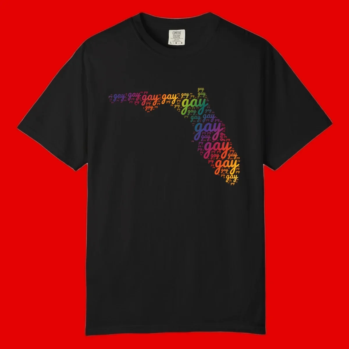 Gay pride word cloud with 'gay' repeated in rainbow colors including blue, purple, red, orange, yellow, and green on gray background