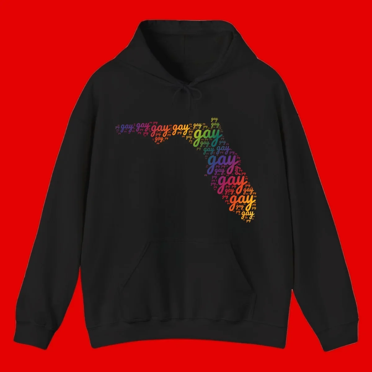 Gay pride word cloud with 'gay' repeated in rainbow colors including blue, purple, red, orange, yellow, and green on gray background