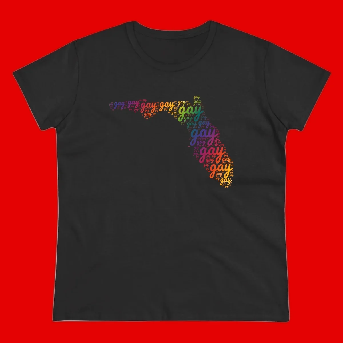 Gay pride word cloud with 'gay' repeated in rainbow colors including blue, purple, red, orange, yellow, and green on gray background