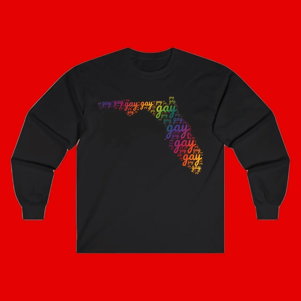 Gay pride word cloud with 'gay' repeated in rainbow colors including blue, purple, red, orange, yellow, and green on gray background
