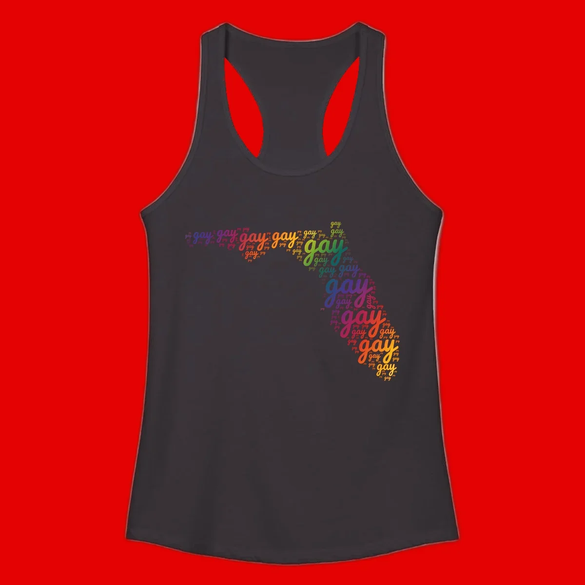 Gay pride word cloud with 'gay' repeated in rainbow colors including blue, purple, red, orange, yellow, and green on gray background