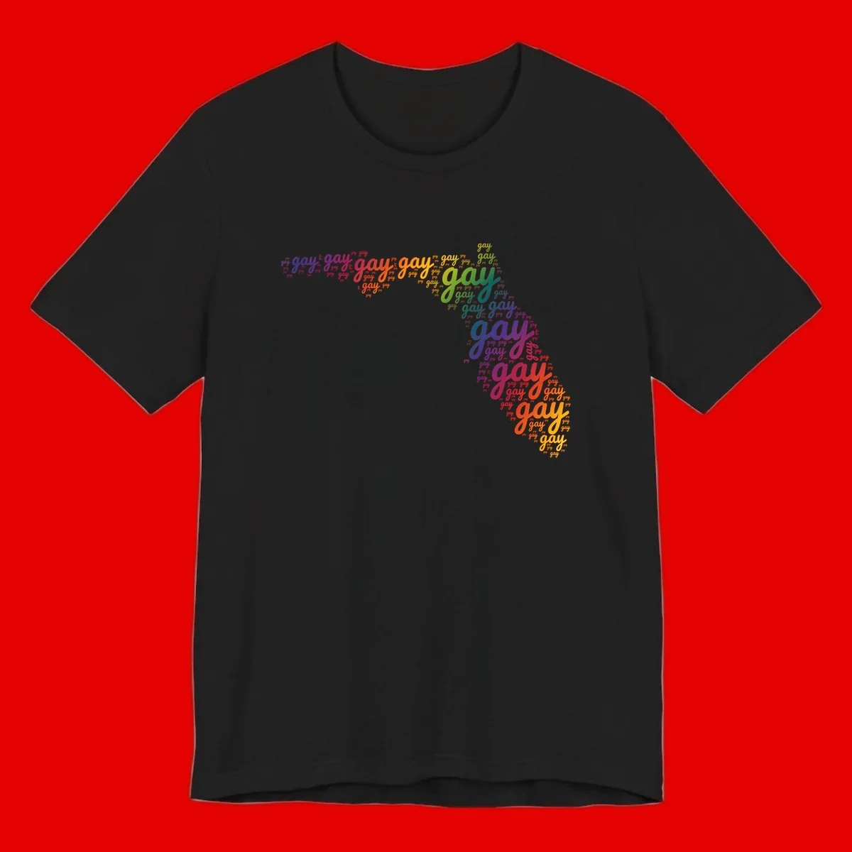 Gay pride word cloud with 'gay' repeated in rainbow colors including blue, purple, red, orange, yellow, and green on gray background