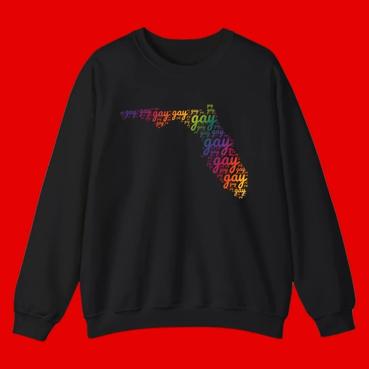 Gay pride word cloud with 'gay' repeated in rainbow colors including blue, purple, red, orange, yellow, and green on gray background
