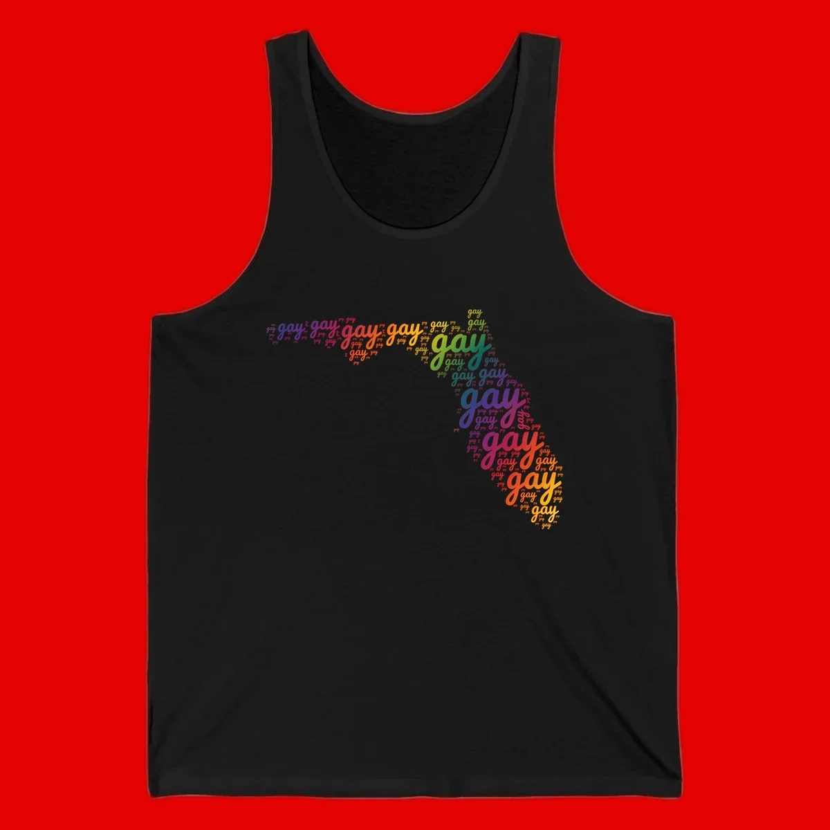 Gay pride word cloud with 'gay' repeated in rainbow colors including blue, purple, red, orange, yellow, and green on gray background