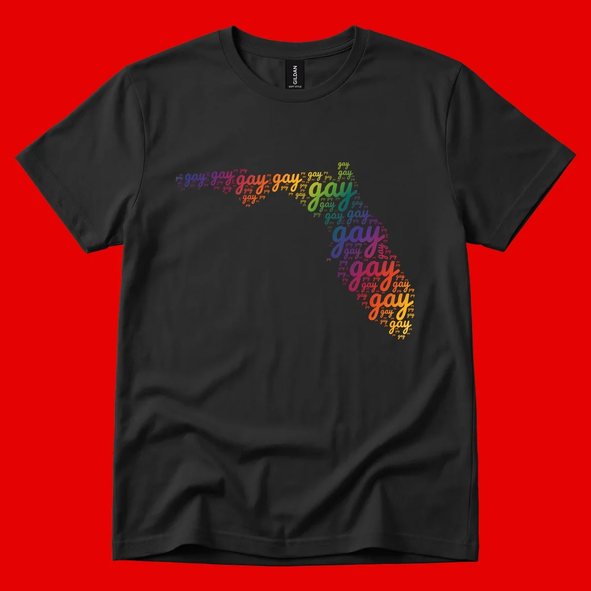 Gay pride word cloud with 'gay' repeated in rainbow colors including blue, purple, red, orange, yellow, and green on gray background
