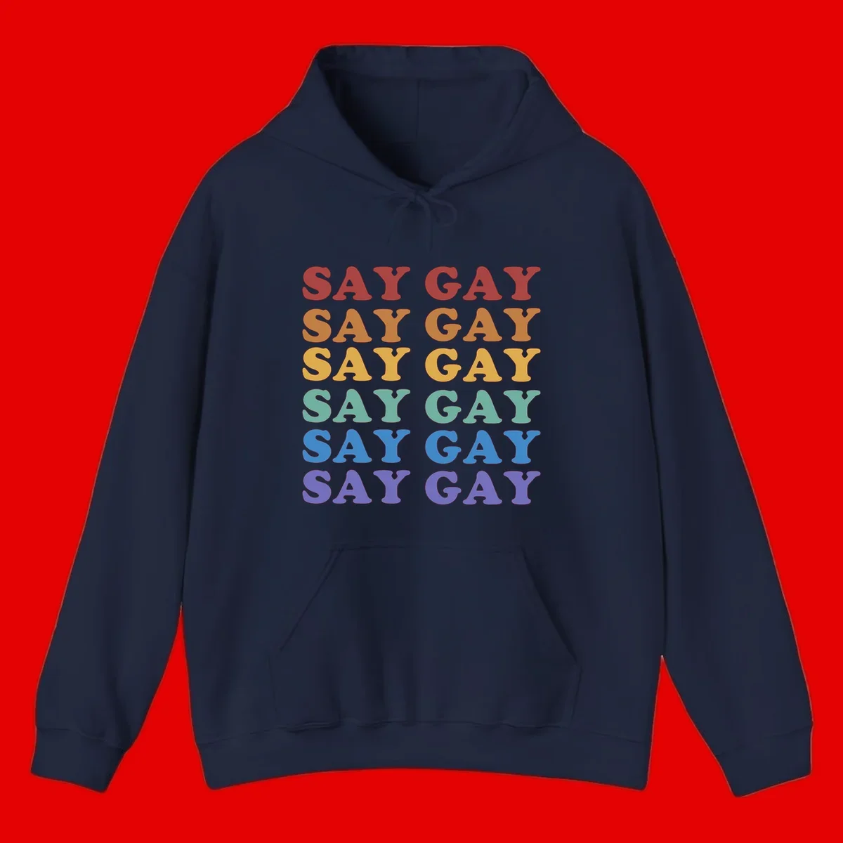 Repeating 'SAY GAY' text in rainbow colors from red to purple on gray background, pride statement design
