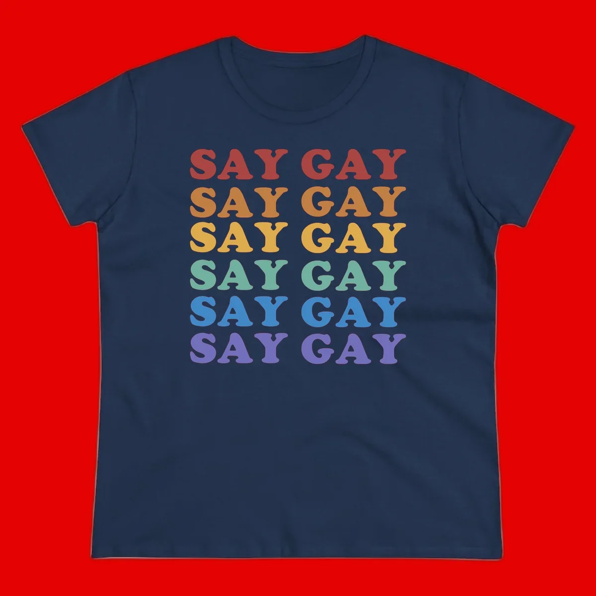 Repeating 'SAY GAY' text in rainbow colors from red to purple on gray background, pride statement design