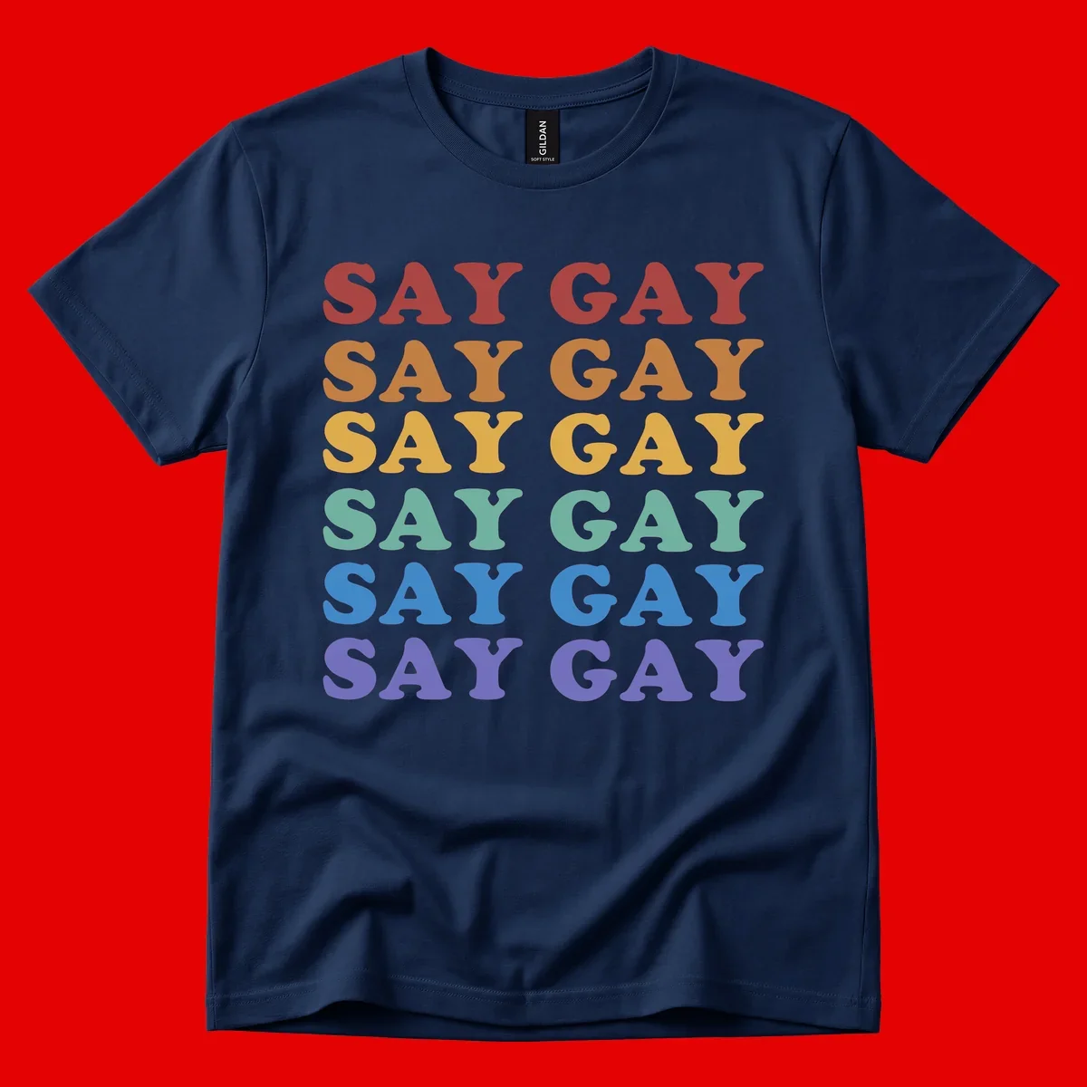 Repeating 'SAY GAY' text in rainbow colors from red to purple on gray background, pride statement design
