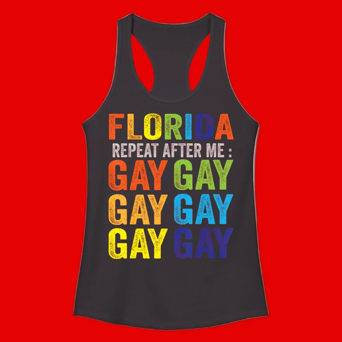 Rainbow colored text reading 'Florida Repeat After Me: Gay Gay Gay Gay' with distressed grunge texture on gray background
