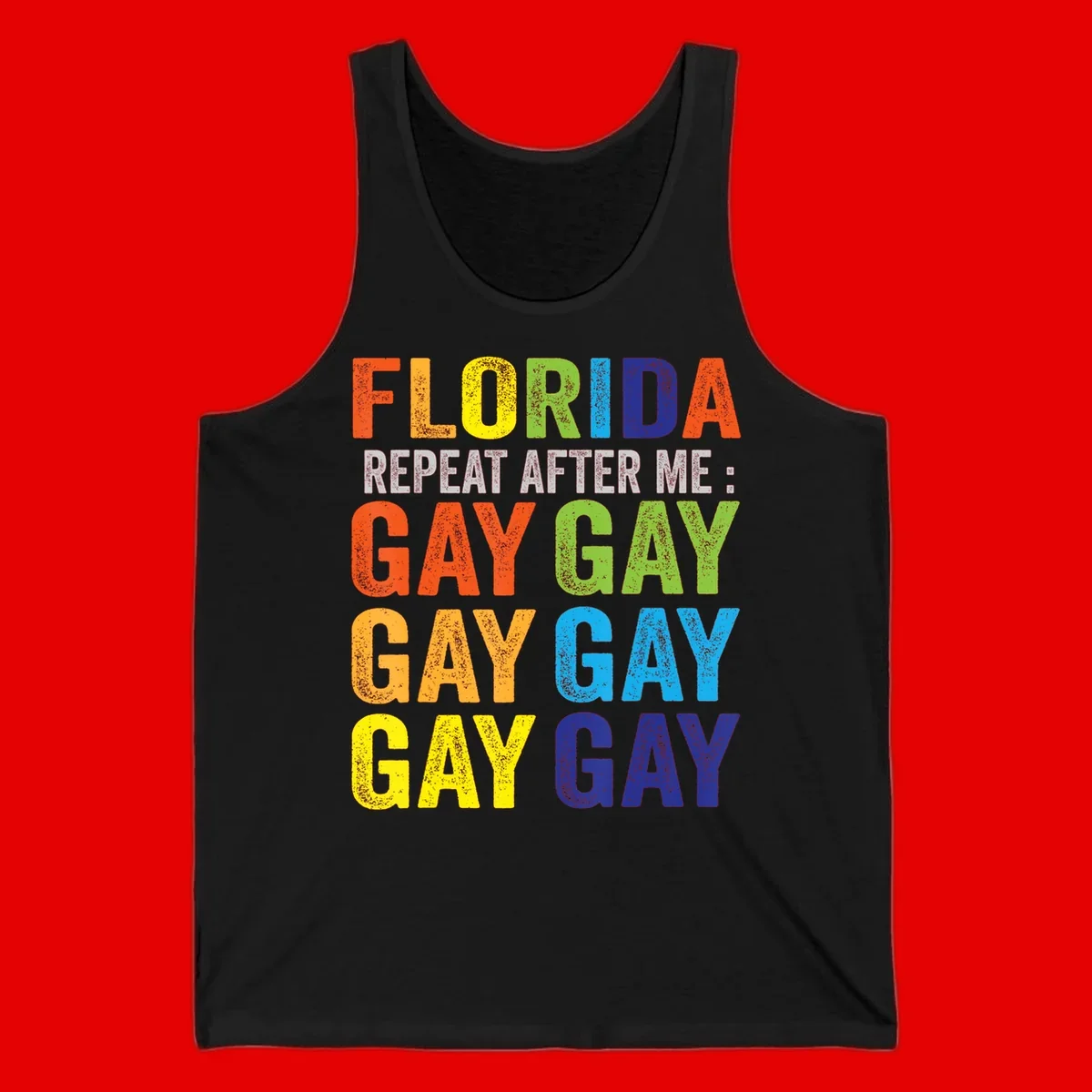 Rainbow colored text reading 'Florida Repeat After Me: Gay Gay Gay Gay' with distressed grunge texture on gray background