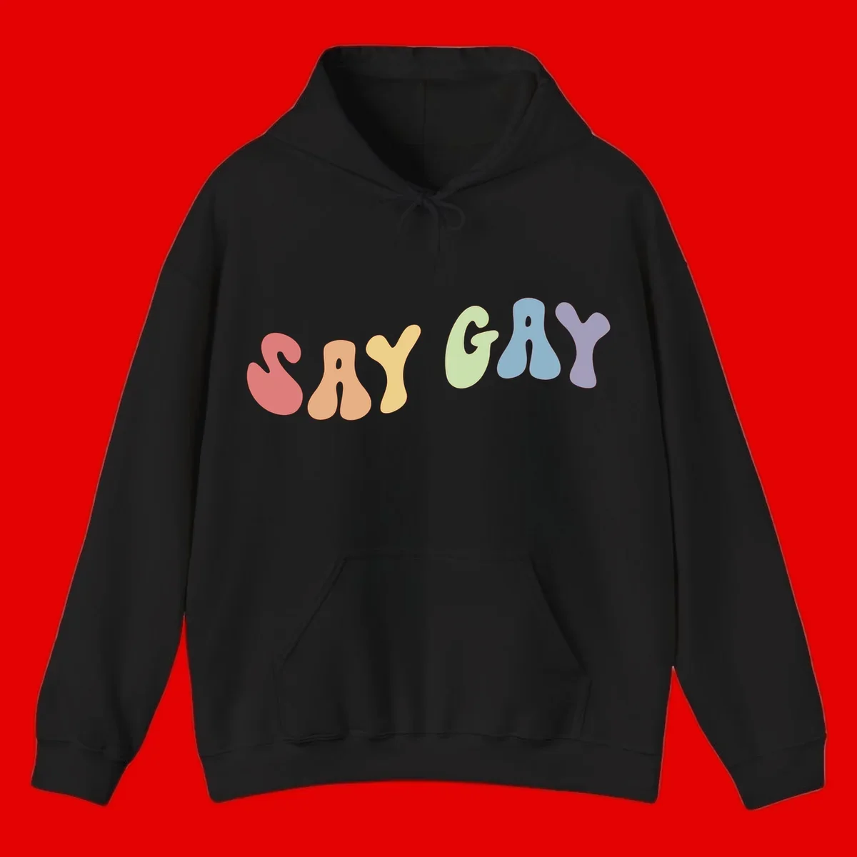 Colorful bubble letters spelling SAY GAY in rainbow pride colors: red, peach, yellow, green, blue, and purple on gray background