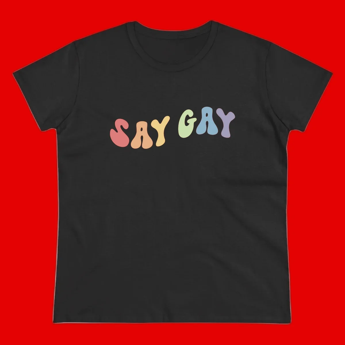 Colorful bubble letters spelling SAY GAY in rainbow pride colors: red, peach, yellow, green, blue, and purple on gray background