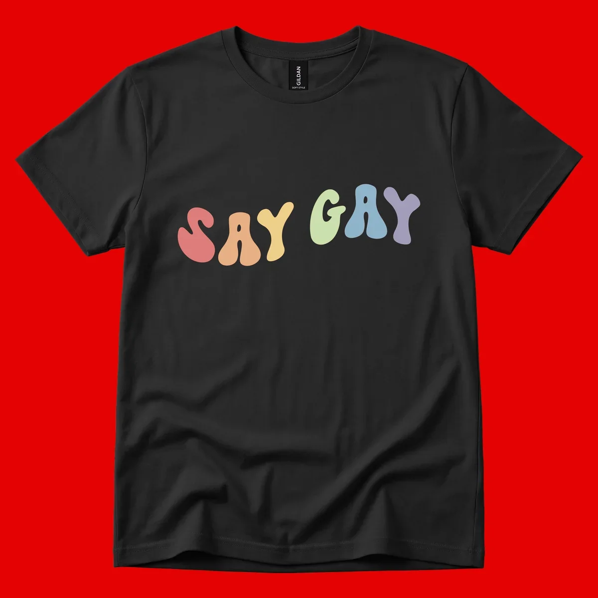 Colorful bubble letters spelling SAY GAY in rainbow pride colors: red, peach, yellow, green, blue, and purple on gray background