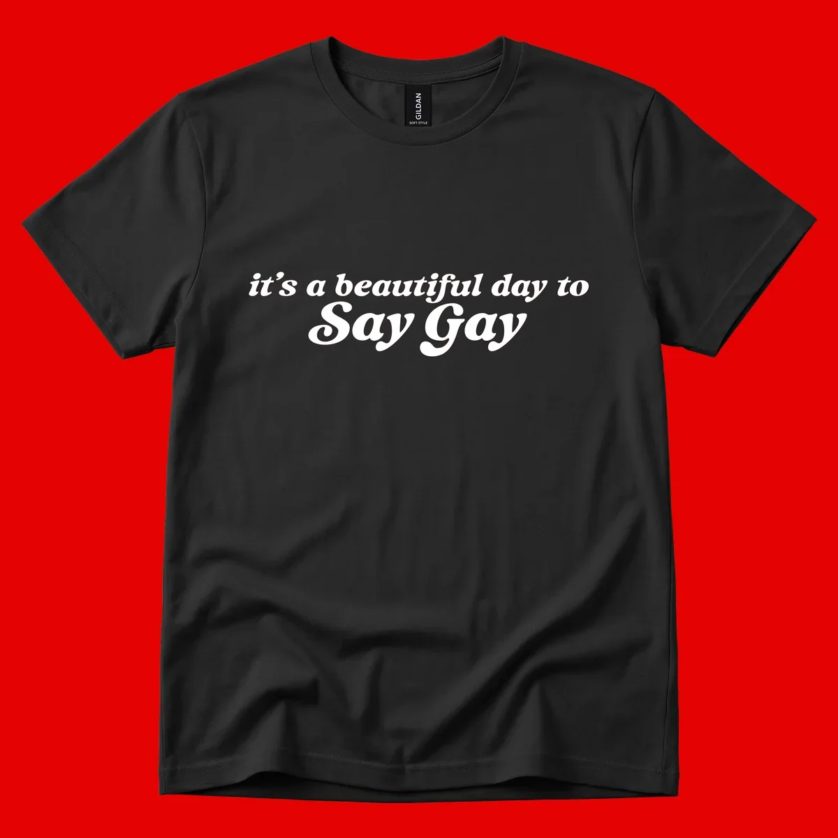 White italic text reading 'it's a beautiful day to Say Gay' on gray background, beautiful-day-say-gay pride design