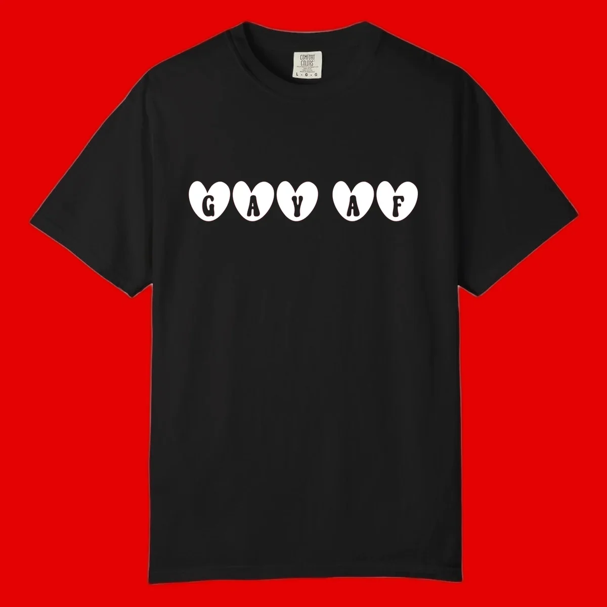 Five white hearts on gray background spelling GAY AF with bold letters - gay af pride hearts design
