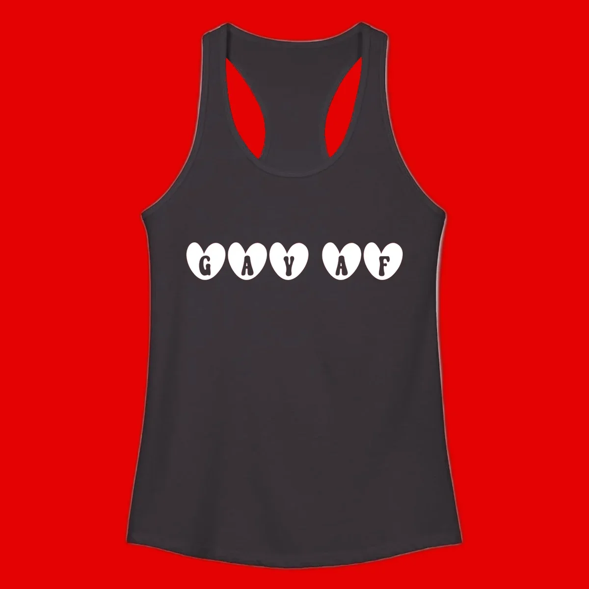 Five white hearts on gray background spelling GAY AF with bold letters - gay af pride hearts design