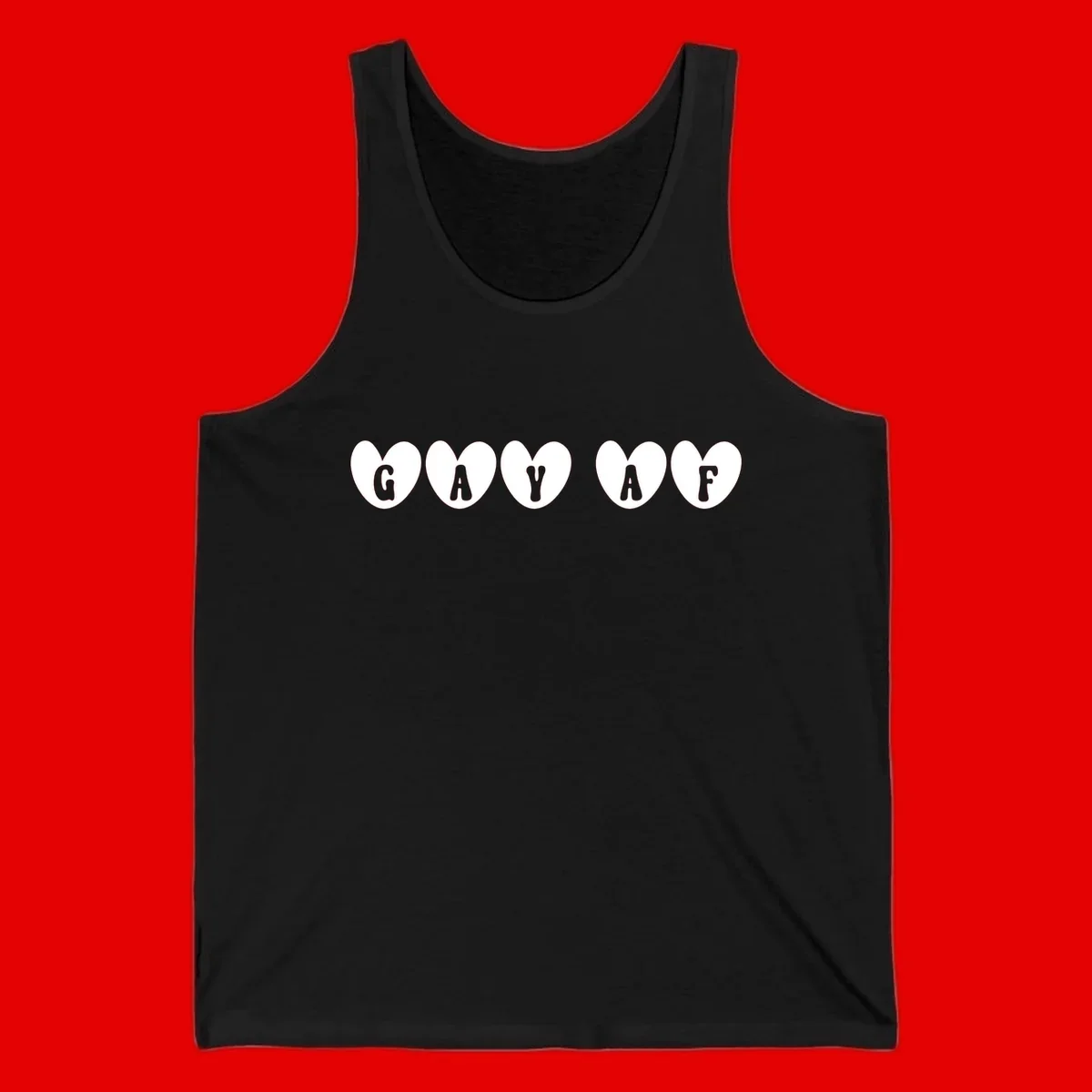 Five white hearts on gray background spelling GAY AF with bold letters - gay af pride hearts design