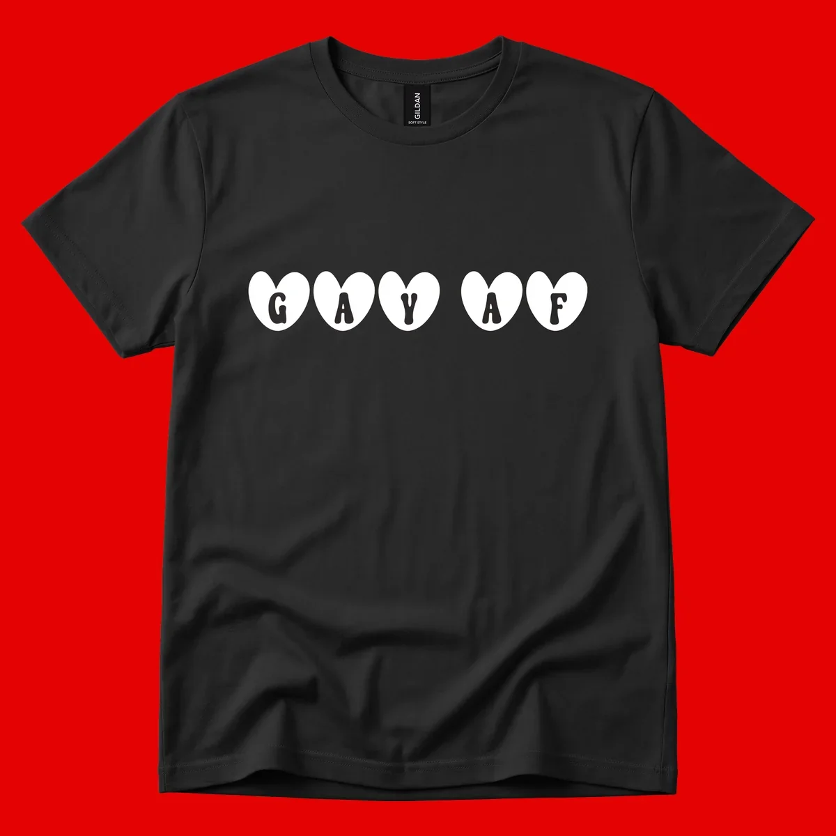 Five white hearts on gray background spelling GAY AF with bold letters - gay af pride hearts design