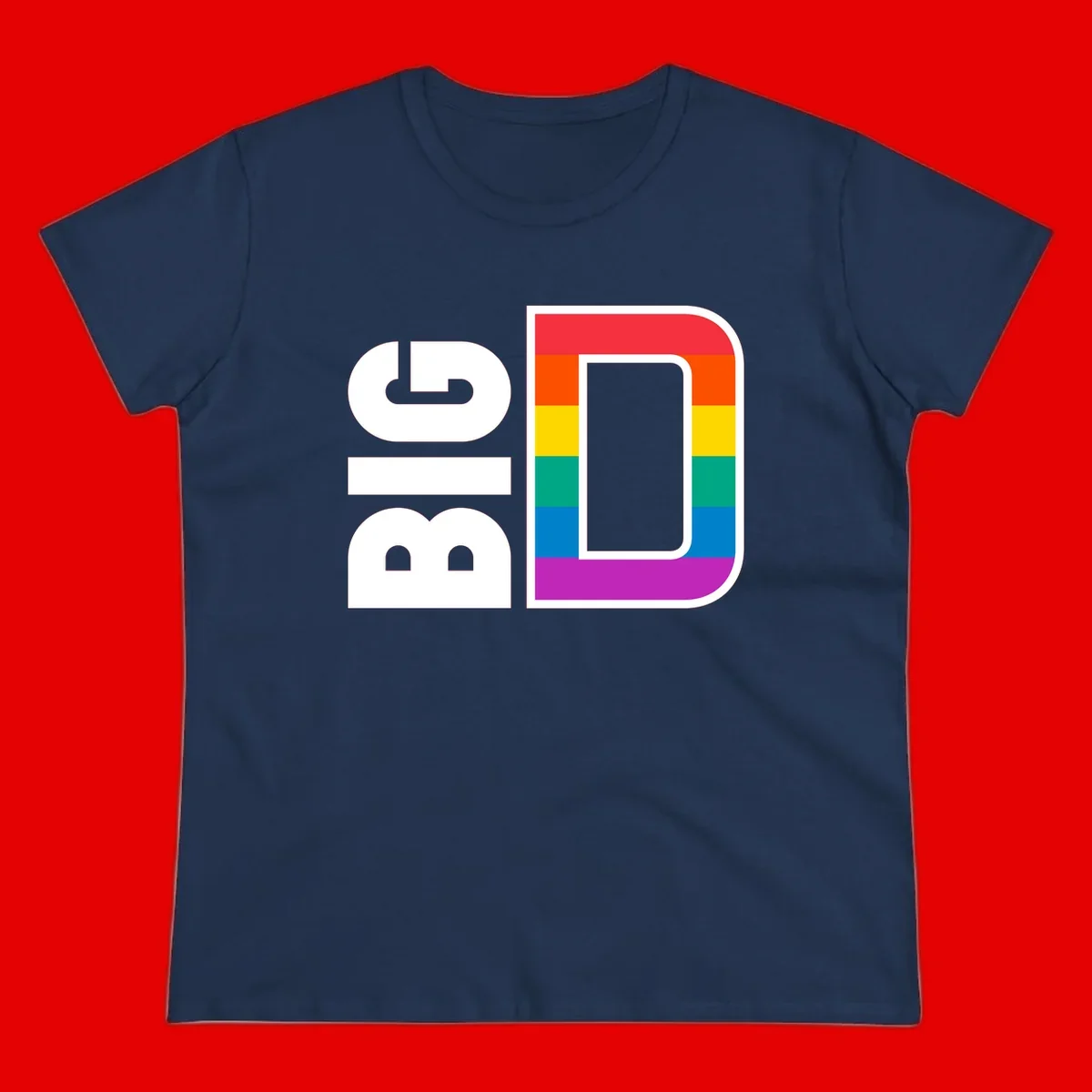 Rainbow pride flag design with rounded rectangle frame featuring red, orange, yellow, green, teal, blue, and purple stripes
