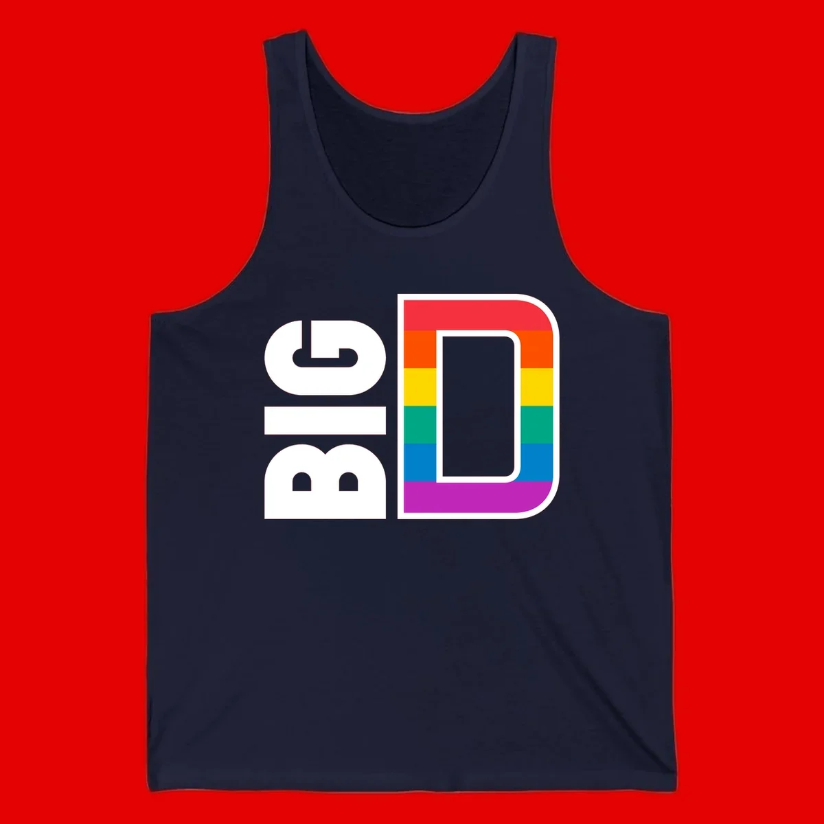 Rainbow pride flag design with rounded rectangle frame featuring red, orange, yellow, green, teal, blue, and purple stripes