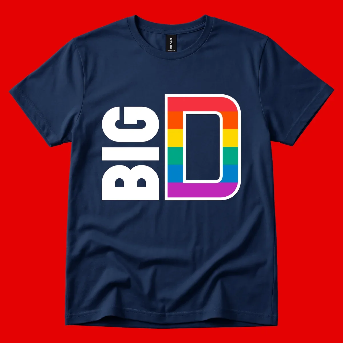 Rainbow pride flag design with rounded rectangle frame featuring red, orange, yellow, green, teal, blue, and purple stripes