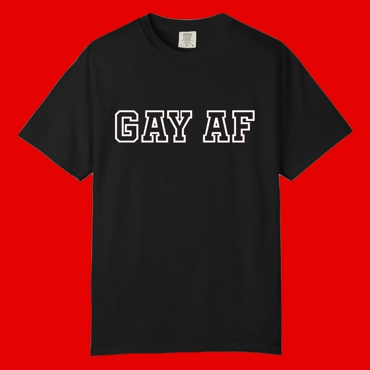 Bold white outlined block letters spelling 'GAY AF' in varsity athletic style on gray background
