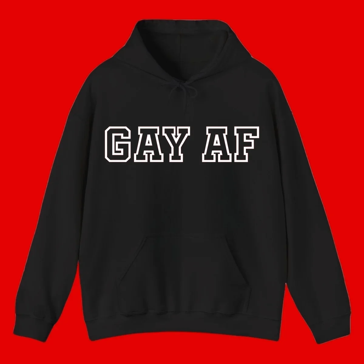 Bold white outlined block letters spelling 'GAY AF' in varsity athletic style on gray background