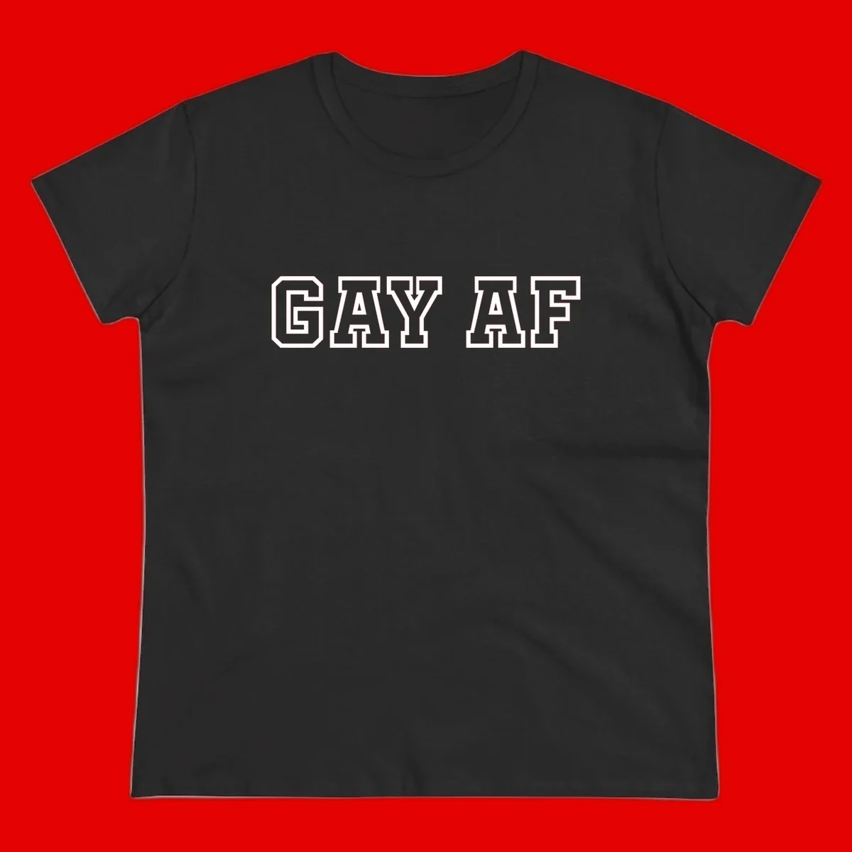 Bold white outlined block letters spelling 'GAY AF' in varsity athletic style on gray background