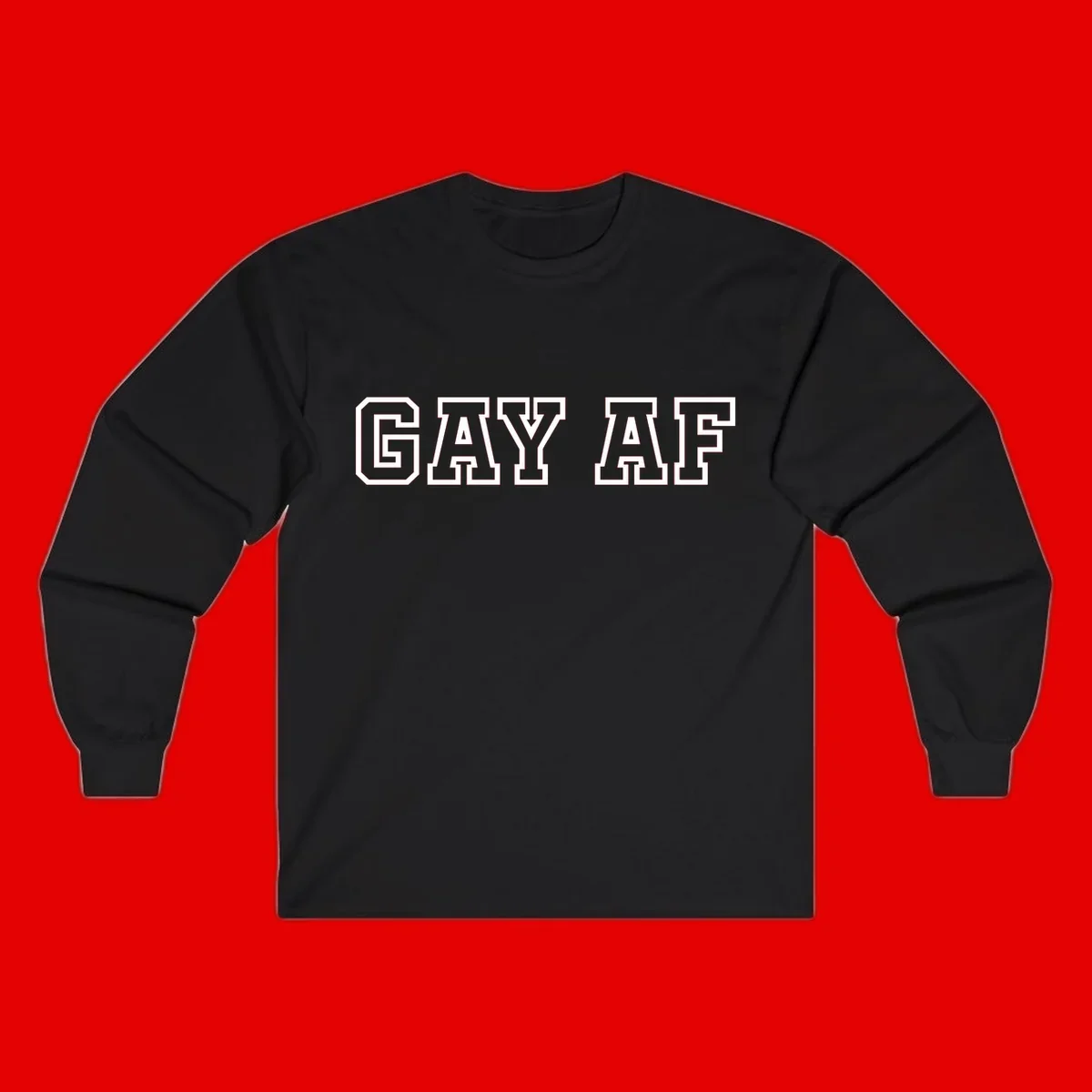 Bold white outlined block letters spelling 'GAY AF' in varsity athletic style on gray background